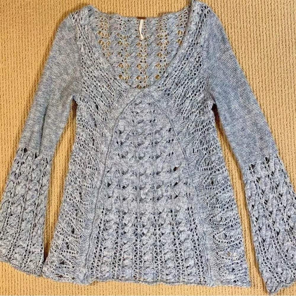 Free People Blue Open Knit V-Neck Sweater- Angel Sleeves - Boho